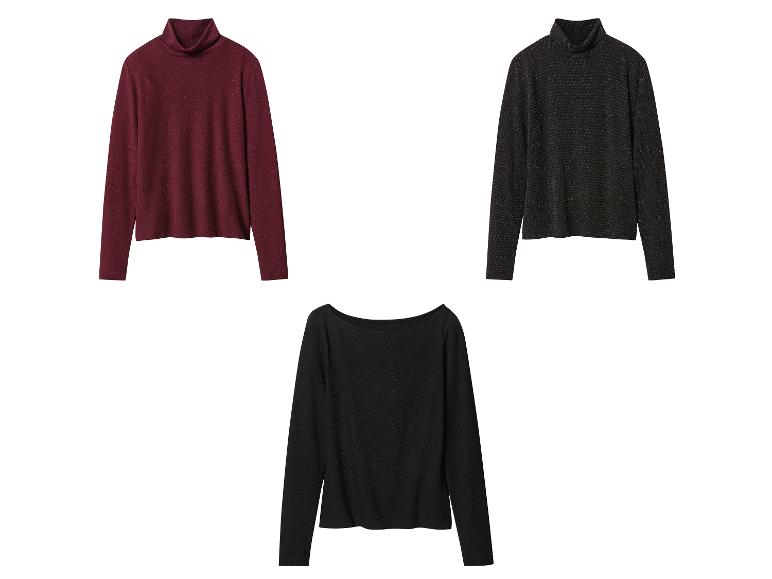 Drei Langarmpullover: zwei Rollkragen (Bordeaux, Schwarz) und ein U-Boot-Ausschnitt (Schwarz).