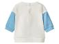 Baby-Sweatshirt mit weißem Körper und hellblauen Ärmeln, Druckknöpfe am Rücken