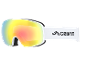 Weiße Skibrille mit mehrfarbiger Spiegelscheibe und elastischem Band.