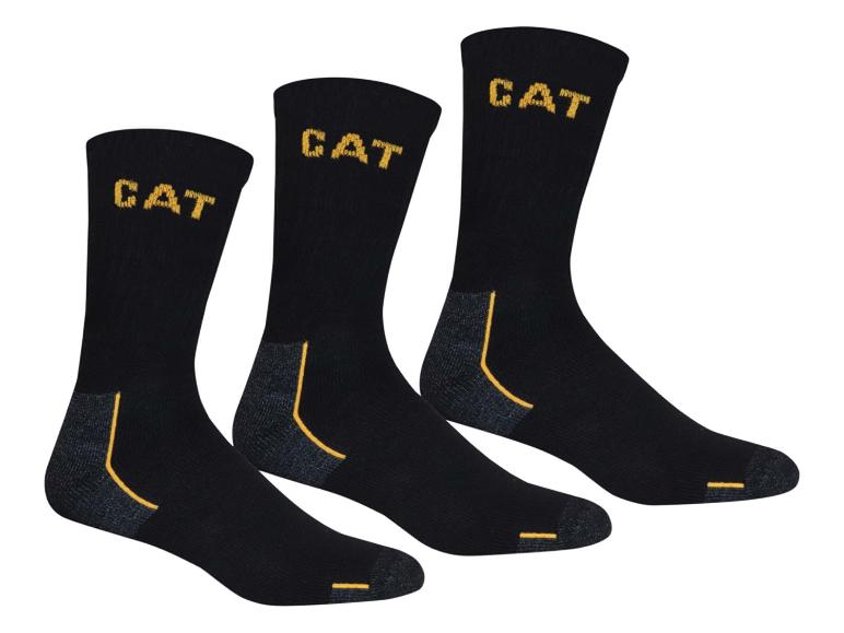 Drei schwarze CAT-Socken mit gelben Details und Logo.
