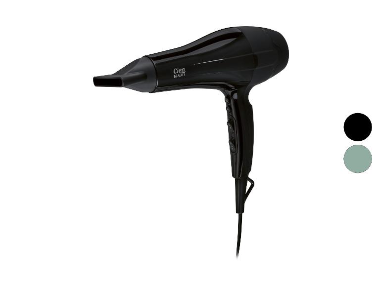 Schwarzer Haartrockner mit Konzentratordüse, mit Bedientasten am Griff.