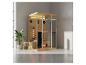 Moderne Holzsauna mit Glastür, roten Infrarotstrahlern und einer Pflanze in einem minimalistischen Raum.