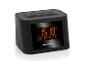 Schwarzes Digitalradio mit Wecker und orangefarbenem Display, das Uhrzeit und Radiosender anzeigt.