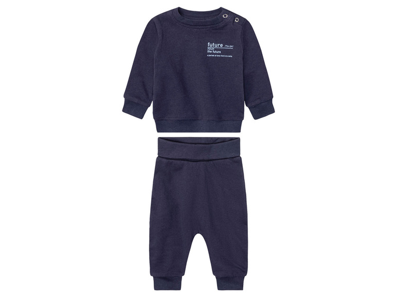 Ein dunkelblauer Baby-Anzug mit einem Sweatshirt und einer Hose.