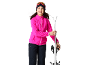 Lächelndes Mädchen in pinker Fleecejacke, Skihose und Skibrille, Skier haltend.