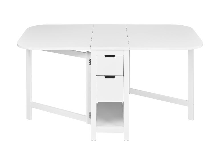 Weißer Klapptisch mit Schubladen und Ablagen, ideal für kleine Räume.