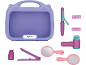 Lila Spielzeug-Friseursalon-Set mit Koffer, Föhn, Lockenstab, Glätteisen, Spiegel, Bürste und Lockenwicklern.
