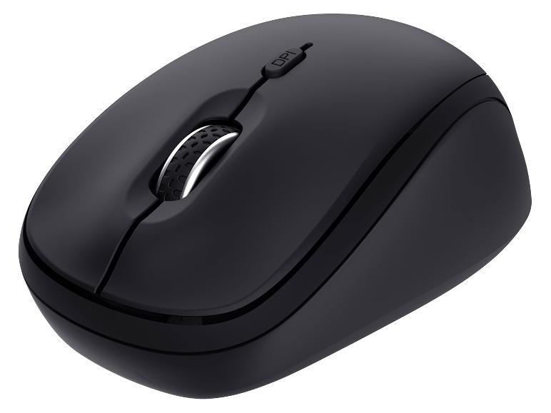 Schwarze kabellose Computermaus mit DPI-Taste und Scrollrad.
