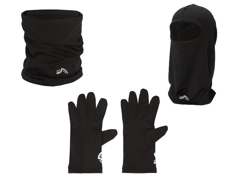 CRIVIT Winter-Accessoires: schwarze Sturmhaube, Halswärmer und Handschuhe mit reflektierendem Logo.