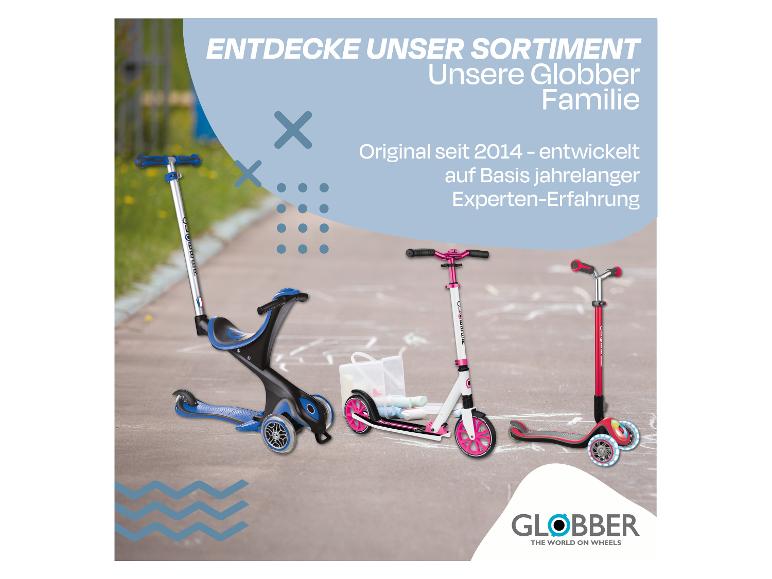 Drei Kinderroller auf gepflastertem Untergrund, mit Text über die Erkundung des Sortiments.