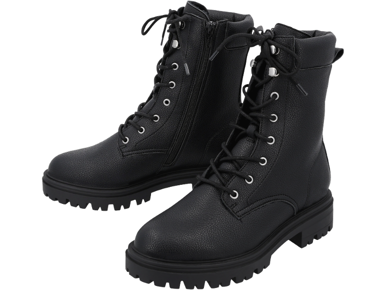 Schwarze Schnürstiefel im Militärstil mit Reißverschluss.