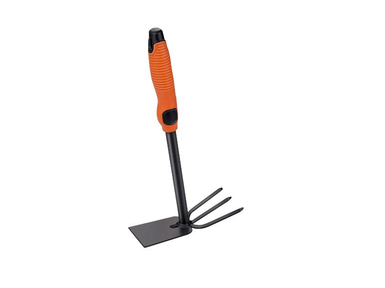 Hand-Gartengerät mit orangefarbenem Griff, mit einer Schaufel und einer Gabel.
