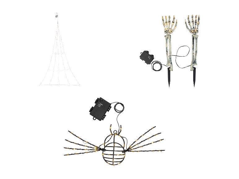 Halloween-Dekorationen: beleuchtetes Spinnennetz, Skelett-Arme und beleuchtete Spinne.