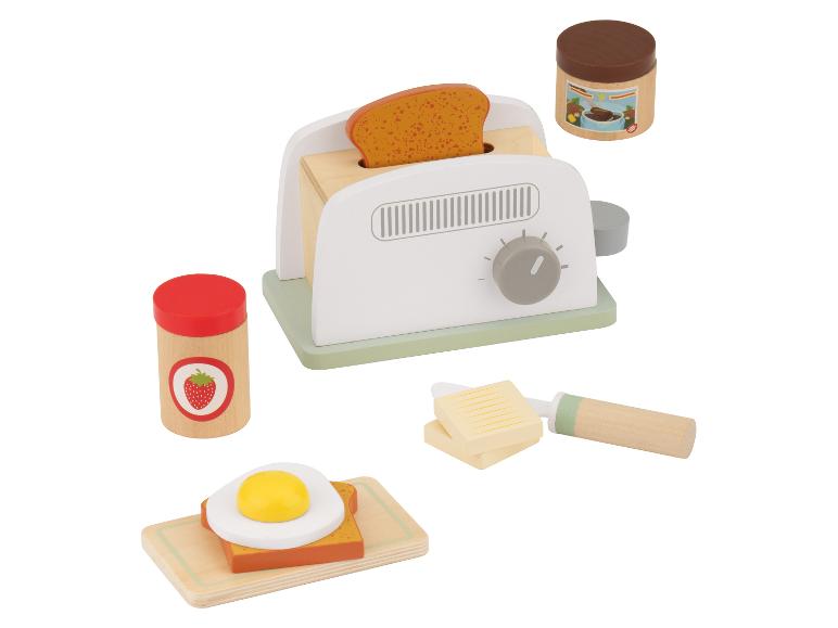 Holzspielzeug-Set mit Toaster, Toast, Butter, Marmelade und Schokoladenaufstrich.