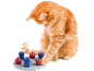 Roter Kater spielt mit interaktivem Haustierspielzeug mit roten und blauen Bechern.