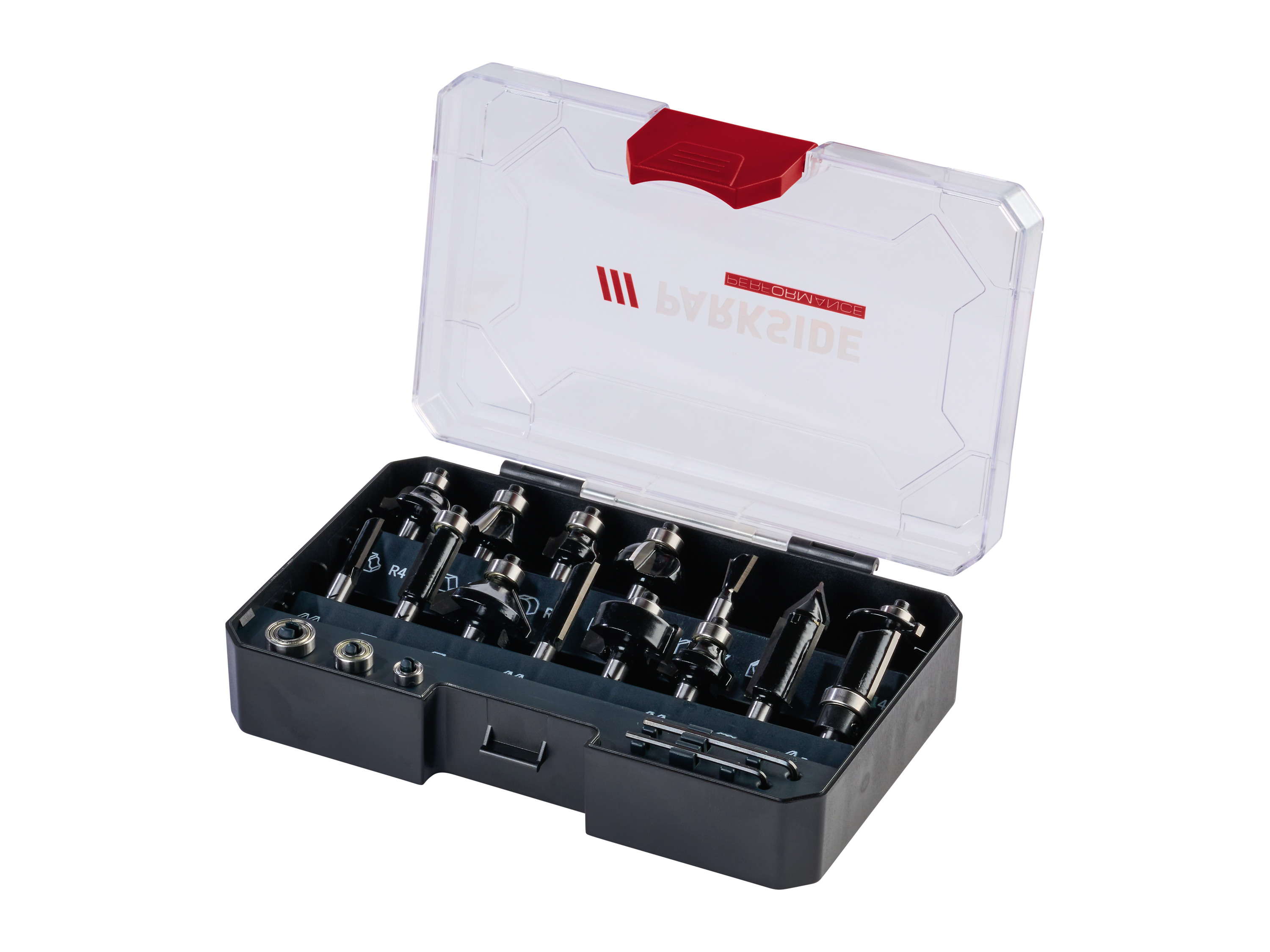 PARKSIDE PERFORMANCE® Fräsbit-Set, inkl. 2 Inbusschlüssel““ | Abkanten und Nuten Kompatibel mit allen Parkside Oberfräsen sowie handelsüblichen Oberfräsen mit 8-mm-Werkzeugaufnahme Inkl. 2 Inbusschlüssel Produktmerkmale tabletd Max. Drehzahl: 30000 min -1 Material: Metall Inhalt: 1x Abrundfräser Ø 25 / R6 / L13 mm / Klingenstärke: 1,75 mm 1x Abrundfräser Ø 19 / R3 / L10 mm Klingenstärke:1