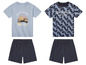 Zwei blaue T-Shirts mit Palmenprint und dunkelblaue Shorts.
