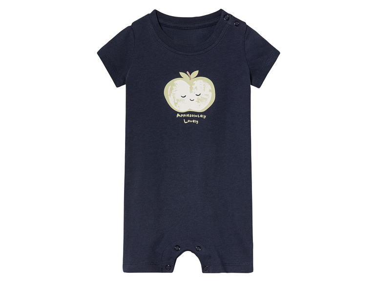 Ein dunkelblauer Strampler mit einem Apfel-Motiv