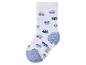 Weiße Kindersocken mit blauen und grünen Automotiven, mit Anti-Rutsch-Noppen.