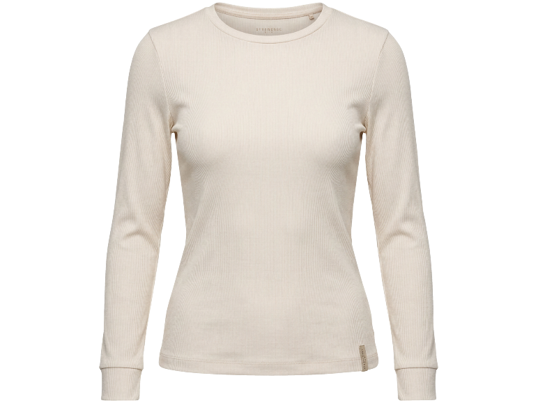 Geripptes Damen-Langarmshirt in Hellbeige.