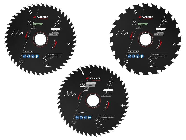 Drei Parkside Performance Sägeblätter: zwei für Holz (24T, 48T) und eines für Aluminium (54T).