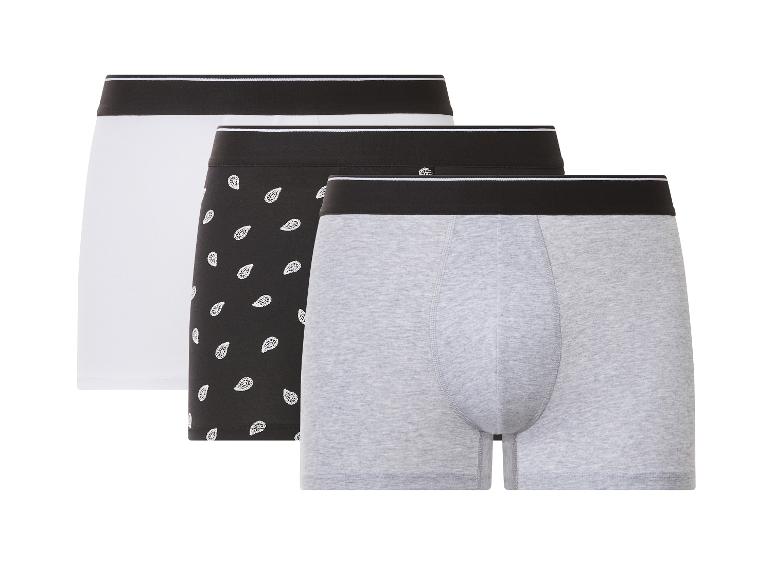 Dreierpack Herren-Boxershorts: weiß, schwarz gemustert und grau