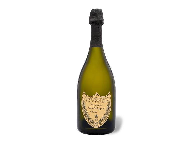 Dom Pérignon Vintage Champagnerflasche mit schwarzer Folienkappe und goldenem Etikett.