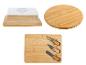 Bambus Käseplatte mit Glocke, runde Schneidebrett und Livarno Käsebesteck.