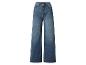 Blaue weite High-Waist-Jeans.