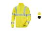 Gelbe Fleecejacke mit Reflexstreifen, gezeigt mit gelben und schwarzen Farbmustern.