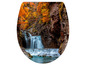 Ein Toilettensitz mit einem Bild eines Wasserfalls in einem Herbstwald.