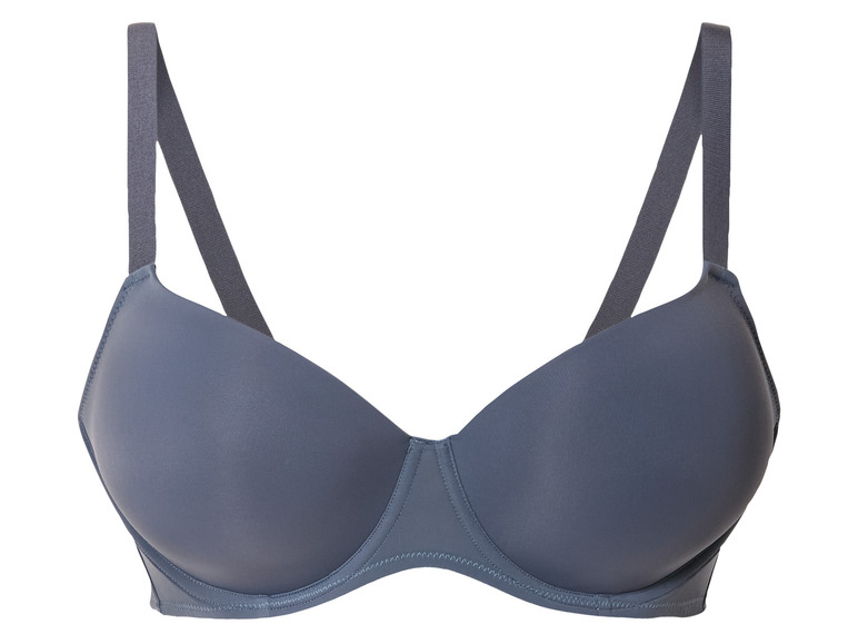 Ein dunkelgrauer BH mit glatten Cups und breiten Trägern.