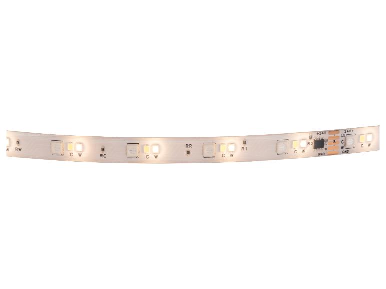 Ein weißer LED-Streifen mit warmweißen und kaltweißen LEDs, der Anschlusspunkte zeigt.