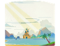Illustration eines Schlosses am Meer mit Delfinen und Palmen, unter Sonnenstrahlen.