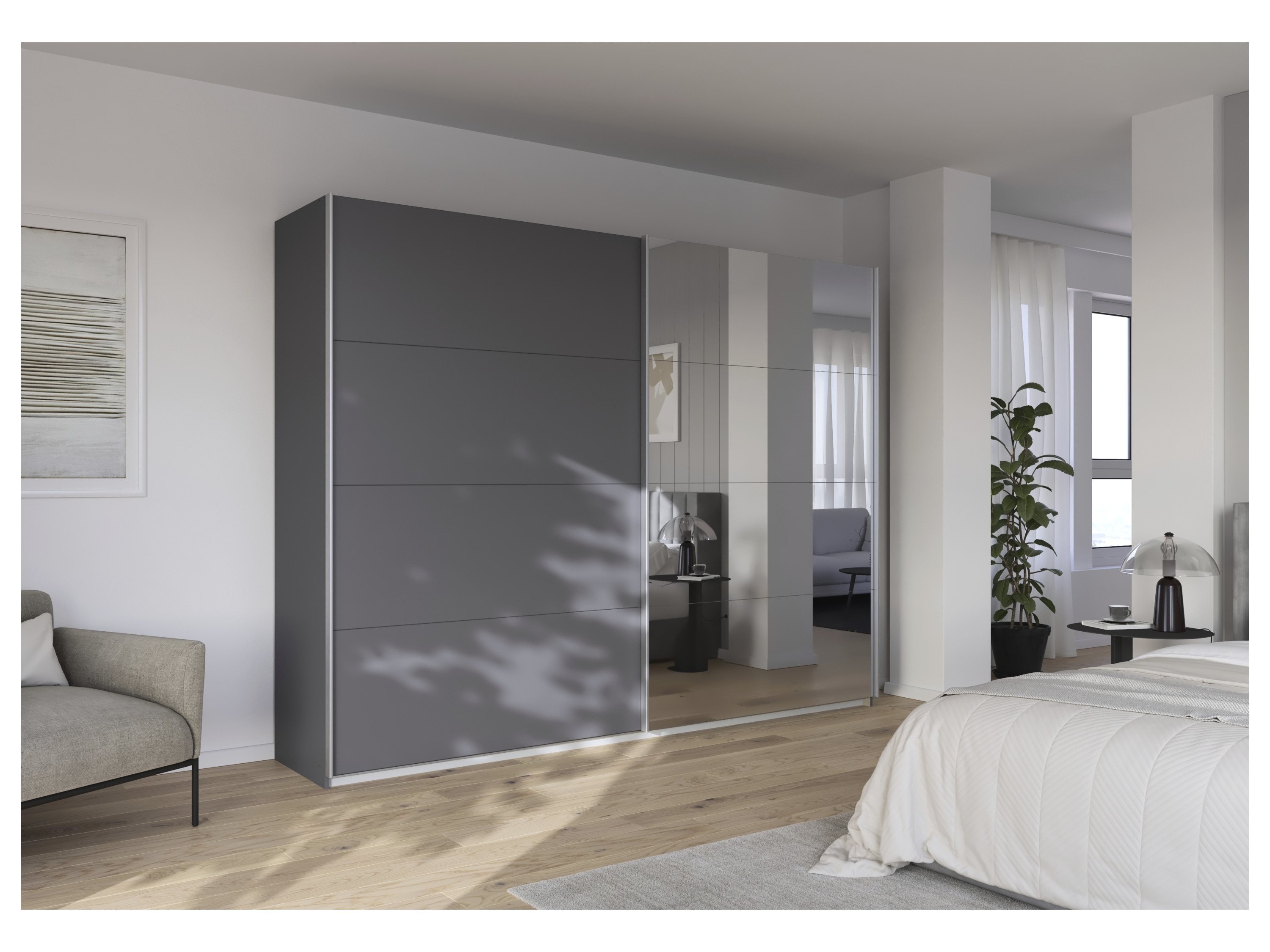 RAUCH ORANGE Quadra Schwebetürenschrank mit Spiegelelementen (Classic-Zubehör, Korpus: Graumetallic, 271 x 210 cm) – Bild 2 von 4