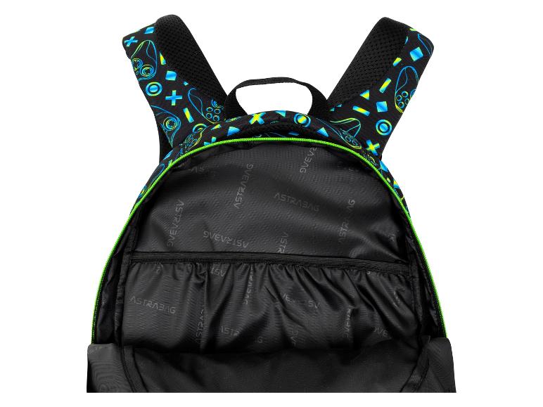 Schwarzer Rucksack mit blauen und gelben Gamecontroller-Mustern, grünem Reißverschluss und Logo-gefüttertem Innenraum.