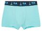 Türkisfarbene Jungen-Boxershorts mit Fahrzeug- und Kegelmotiv.