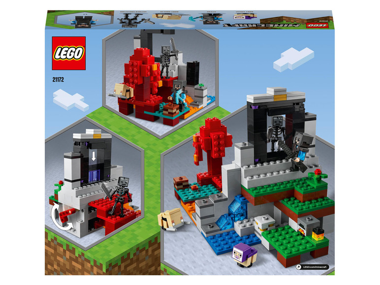 Lego Minecraft Set mit einem Nether-Portal und einem Lava-Bereich.