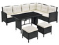 Schwarzes Rattan-Loungeset mit Tisch und zwei Hocker.