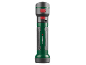 Grüne und graue Taschenlampe mit rotem Einschaltknopf und Schlosssymbol.