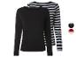 2er-Set Damen-Langarmshirts: einfarbig schwarz und blau-weiß gestreift.
