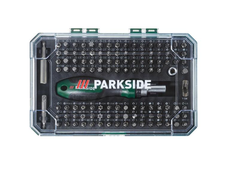 Schraubendreher-Bit-Set mit Griff, das eine große Auswahl an Sechskant-, Torx- und Phillips-Bits enthält.