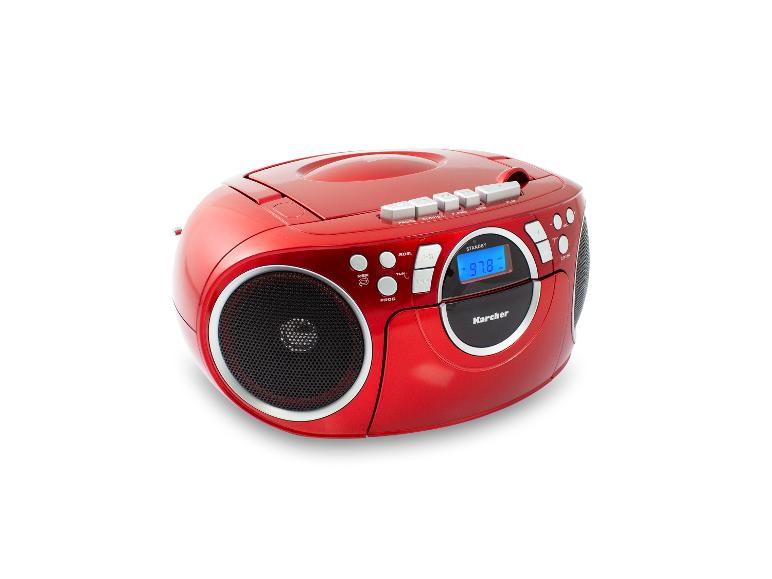 Roter Karcher Boombox mit CD-Player und Radio, zeigt 97.8 MHz auf dem Display.