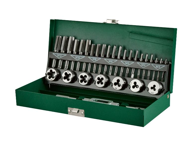 Gewindeschneidsatz in grüner Box, mit Größen von M3 bis M12.