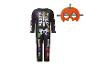 Skelett-Overall mit Halloween Patrol-Motiv und Kürbismaske.