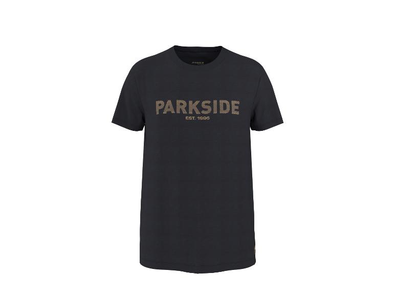 Schwarzes Herren-T-Shirt mit braunem Aufdruck „PARKSIDE EST. 1996“ auf der Vorderseite.