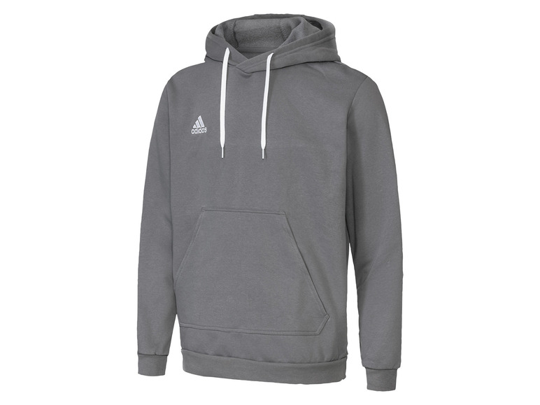 Ein grauer Adidas Hoodie mit weißen Akzenten.
