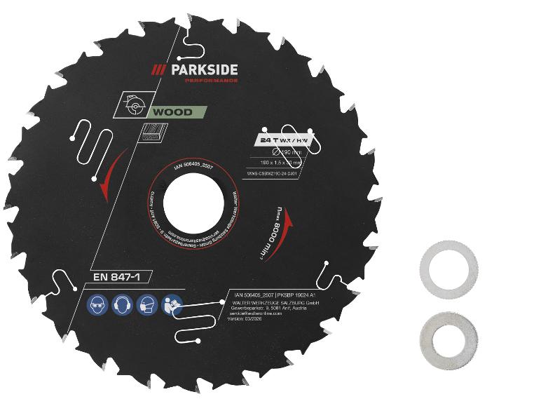Holzsägeblatt 190 mm, 24 Zähne, max. 8000 U/min, mit zwei Unterlegscheiben.
