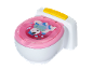 Weiß-rosa Töpfchen mit Cartoon-Tiermotiv und gelbem Spülknopf.