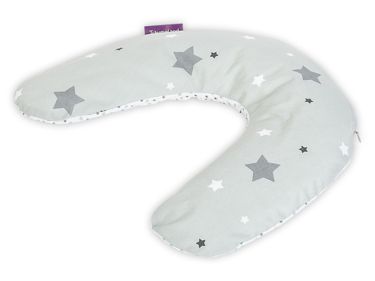 Ein graues U-förmiges Schwangerschafts- und Stillkissen mit Sternenmuster.